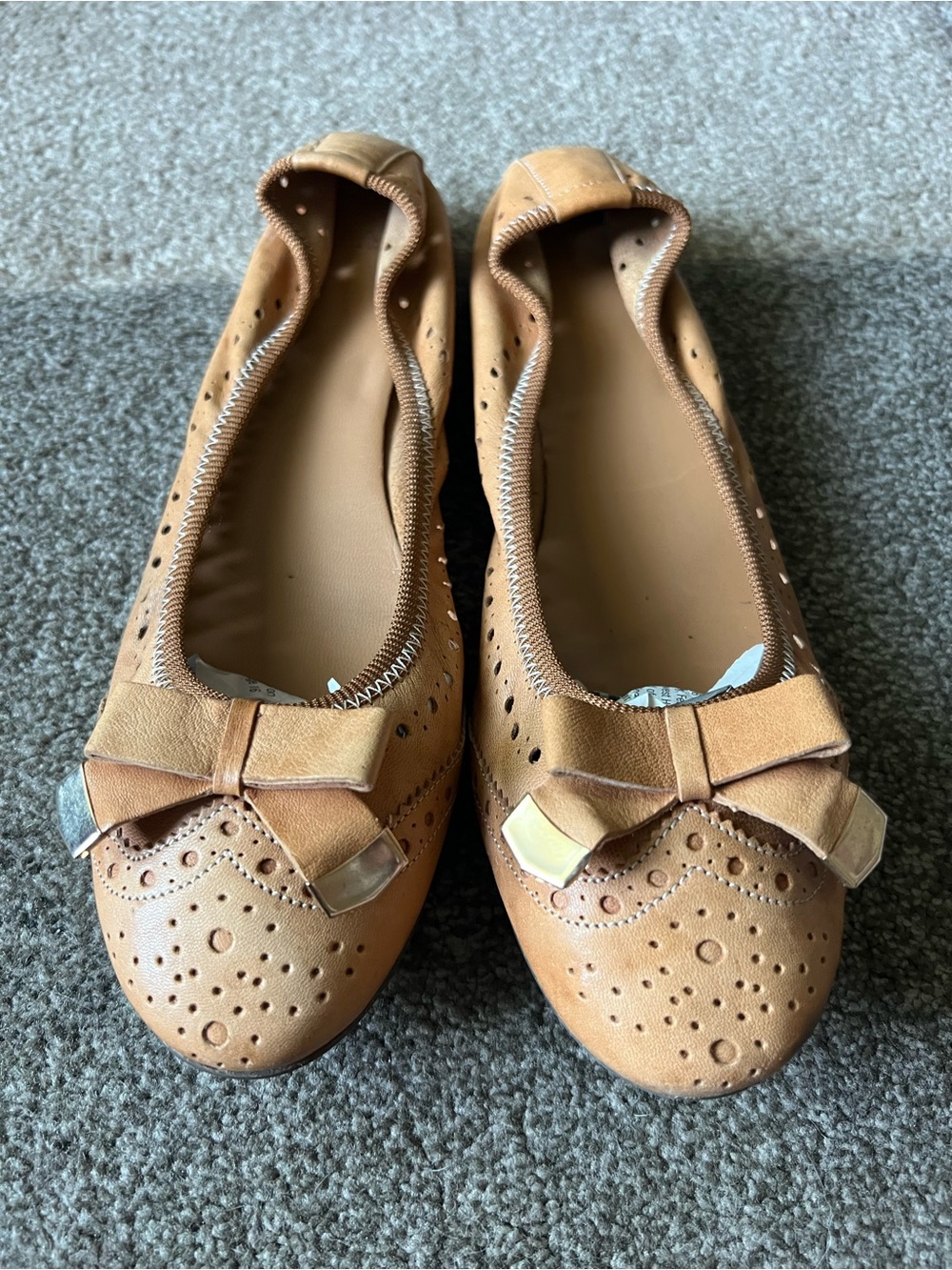 Frau Handmade Tan Leather Ballet Flats with Bow Made in Italy - 9 (40)